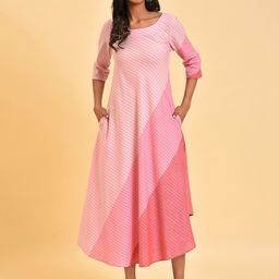 W Pink & Peach Coloured Colourblocked A Line Pure Cotton Midi Dress-image-68