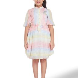 Peppermint Girls Band Collar Cotton Fit And Flare Dress With Belt-image-69