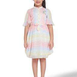 Peppermint Girls Mandarin Collar Striped Shirt Dress With Belt-image-70