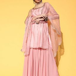 KALINI Striped A-Line Organza Kurta with Sharara & Dupatta-image-71