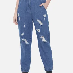 Orchid Blues Women Blue Mom-Fit High-Rise Mildly Distressed Pure Cotton Jeans-image-15