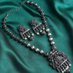 RHOSYN Silver-Plated Lord Radha-Krishna Stone-Studded & Beaded Oxidised Jewellery Set-image-74