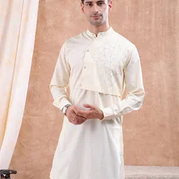 The Indian Garage Co Men Cream-Coloured Printed Detail Layered Kurta-picture-20