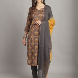 Rajnandini Ethnic Motifs Sequinned Pure Cotton Straight Kurta with Trousers & Dupatta-image-99