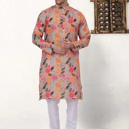 Anouk Grey Floral Printed Mandarin Collar Pure Cotton Straight Kurta-picture-48