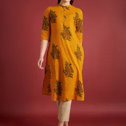 all about you Yellow Ethnic Motifs Printed Band Collar Cotton Straight Kurta-picture-29