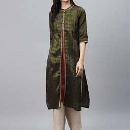 AURELIA Women Black & Golden Woven Design Straight Kurta-picture-1