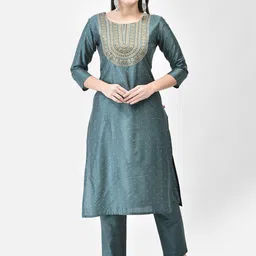 Span Polka Dots Printed Thread Work Straight Kurta-image-15