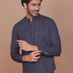RAVINIK Ethnic Motifs Printed Band Collar Cotton Straight Short Kurta-picture-39