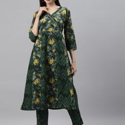 Indibelle Women Green & Yellow Pure Cotton Ethnic Motifs Printed Kurta-14