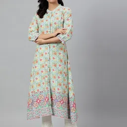 W Women Sea Green & White Ethnic Motifs Printed Kurta-picture-53