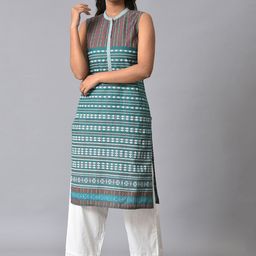 AURELIA Geometric Printed Band Collar Sleeveless Straight Kurta-34