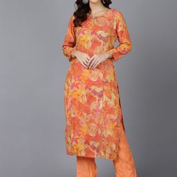 AHIKA Keyhole Neck Floral Printed Gotta Patti Straight Kurta-image-20