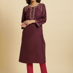 W Women Floral Yoke Design Thread Work Straight Kurta-image-83