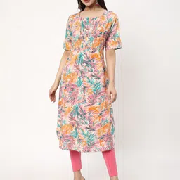 R&B Floral Printed Mandarin Collar Pure Cotton Straight Kurta-picture-44