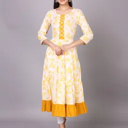 V TRADITION Women White & Yellow Floral Printed Flared Kurta-35