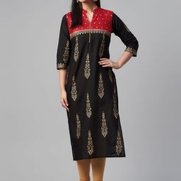Akshatani Women Black & Golden Ethnic Motif Hand Block Print Straight Kurta-picture-57