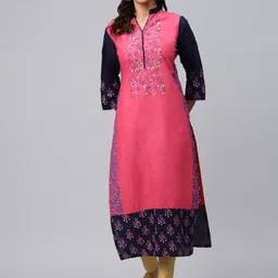Akshatani Women Pink & Navy Blue Hand Block Print Straight Kurta-picture-33