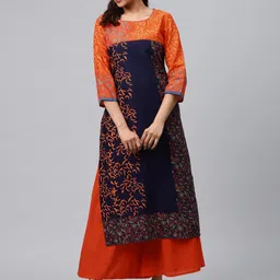 Akshatani Women Navy Blue & Orange Hand Block Print Straight Kurta-image-19