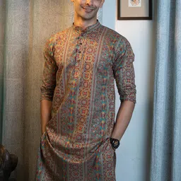 Shasak Ethnic Moifs Printed Mandarin Collar Cotton Kurta-picture-47