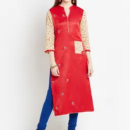 AgrohA Women Red & Beige Colourblocked Thread Work Floral Kurta-image-23