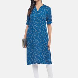 RANGMANCH BY PANTALOONS Women Blue Geometric Printed Rolled-up Sleeves Kurta-picture-14