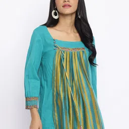 Fabindia Square Neck Pleated Striped Cotton Kurti-picture-20