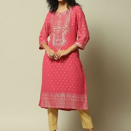 Rangriti Ethnic Motifs Printed  Round Neck Three-Quarter Sleeves Straight Kurta-picture-11