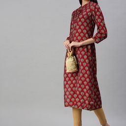SHOWOFF Women Maroon & Blue Ethnic Motifs Cotton Printed Kurta-10