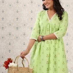 Ode by House of Pataudi Green Floral Printed Pure Cotton A-Line Kurta-image-51