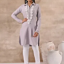 Lakshita Wool Mandarin Collar Woven Design Kurti-image-83