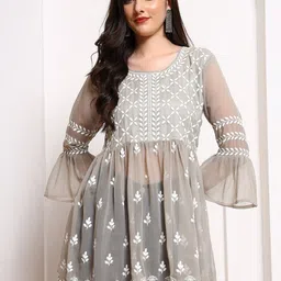 HERE&NOW Embroidered A-Line Round Neck Bell Sleeve Kurti-picture-16