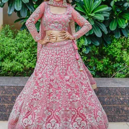 FABPIXEL Embroidered Thread Work Semi-Stitched Lehenga & Unstitched Blouse With Dupatta image 1