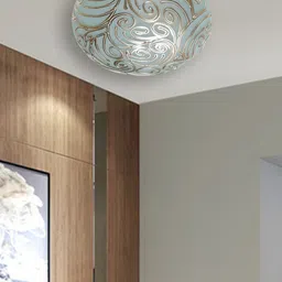 Devansh White & Gold-Toned Abstract Design Mosaic Glass Flush Mounted Lamp With Iron Base image 2