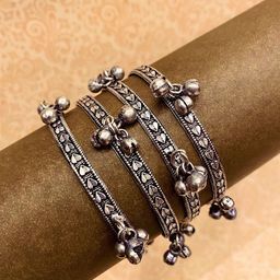 ATIBELLE Set Of 4 Silver-Plated & Ghunghroo Stone-Studded Leaf Shaped Bangles-78