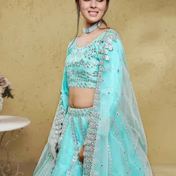 FABPIXEL Embroidered Sequinned Net Semi-Stitched Lehenga & Unstitched Blouse With Dupatta image 5