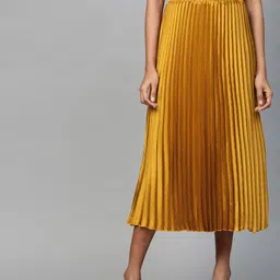 SASSAFRAS Mustard Yellow Accordion Pleated Satin Finish Flared Midi Skirt-image-12