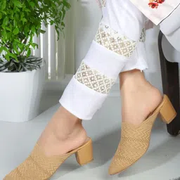 Denill Textured Pointed Toe Mesh Block Heeled Mules-50