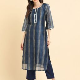KALINI Printed Regular Sequinned Round Neck Chanderi Silk Straight Kurta with Trousers-image-73