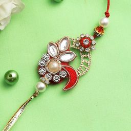 Aapno Rajasthan Red & Gold-Toned Artistic Kundan Embedded Rakhi-image-69