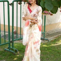 Mitera Pink & Green Tie and Dye Embroidered Organza Saree-image-55