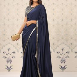 Ode by House of Pataudi Navy Blue & Gold-Toned Sequinned Pure Crepe Saree-picture-0