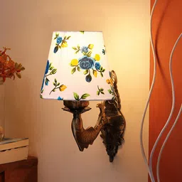 Devansh White & Blue Printed Antique Wall Lamp With Cotton Conical Shade-6