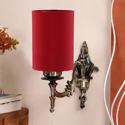 Devansh Red & Gold Toned Antique Wall Lamp With Cotton Conical Shade-49