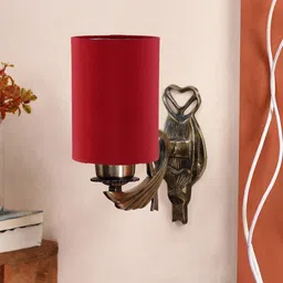 Devansh Red & Gold Toned Textured Antique Wall Lamp With Cotton Conical Shade-25