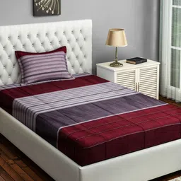 SWAYAM Grey & Maroon Striped 200 TC Cotton 1 Single Bedsheet with 1 Pillow Covers-7