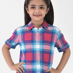 Crimsoune Club Pink & Blue Checked Roll-Up Sleeves Shirt Style Top-image-86