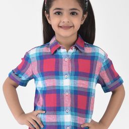 Crimsoune Club Pink & Blue Checked Roll-Up Sleeves Shirt Style Top-image-87