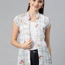 Cottinfab Floral Printed Mandarin Collar Open Front Shrug-41