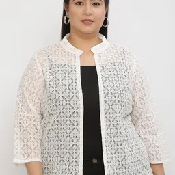 UnaOne Women Self Design Lace Open Front Collared Shrug-65